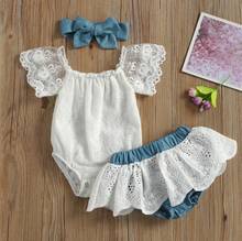 2021  Baby Girl’s Clothes Set Summer Fresh Lace Boat Neck Romper and Ruffles Short Pants with Headband Baby's Sets 2024 - buy cheap