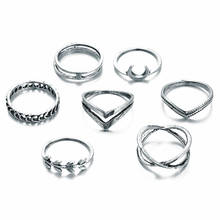 Conjunto de anillos de aleación para mujer, Set de 7 anillos simples Retro con forma de Luna, hoja y Cruz, regalo creativo, gran oferta, Europa y América, 2020 2024 - compra barato