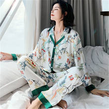 Daeyard conjunto pijama estampado floral, pijama feminino da moda para primavera e outono, manga longa de seda macia, conjunto de dormir, pj 2020 2024 - compre barato