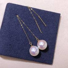 D721 Pearl Earrings Fine Jewelry Solid 18K Gold Nature Fresh Water Round 7-8mm White Pearls Drop Dangle Earrings for Women 2024 - buy cheap