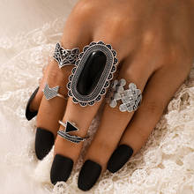 Huatang 5pcs vintage grande pedra preta conjunto de anéis de dedo para mulheres geométrica cor prata articulação articular anel jóias femininas anillos 2024 - compre barato