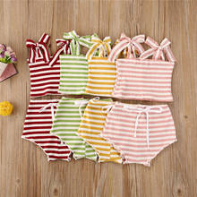 2020 Baby Girls Striped Ribbed Knitted Clothes Set Baby Summer Tie-up Shoulder Strap Tube Top+High Waist Shorts 2Pcs Stylish Set 2024 - buy cheap