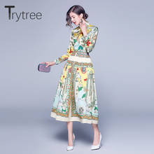 Trytree/2019 осеннее женское Повседневное платье из полиэстера с отложным воротником, модное элегантное желтое платье до середины икры с принтом, а-силуэт, офисное женское платье 2024 - купить недорого