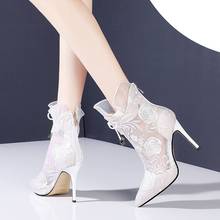 Summer New National Style Thin High Heels Pointed Toe Embroidery Bowknot Cut-outs Mesh Women Ankle Short Modern Boots 0504 2024 - buy cheap