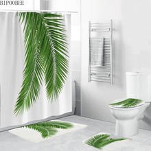 Cortina de banheiro com estampa de folhas de coco, durável, branca, folhas verdes, flanela, tapete para banheiro, antiderrapante 2024 - compre barato