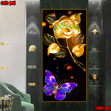 Pintura de arte artesanal, bordado de diamantes grandes, mariposa azul, flores doradas, decoración de punto de cruz, mosaico 2024 - compra barato