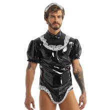 YOOJIA Men Adults Sissy Maid Dress Cosplay Halloween Costume Set Patent Leather Puff Sleeve Leotard Bodysuit with Lace Headband 2024 - buy cheap