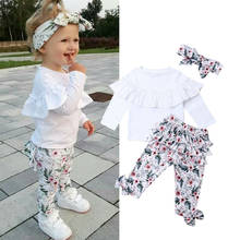 Autumn Winter Outfits Baby Girl Clothes Set 0-5 Years Toddler Kids White Ruffle Tops Floral Pants Headband 3Pcs Outfits 2024 - buy cheap
