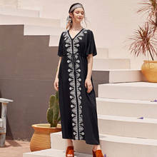 2022 Elegant Flare Sleeve V-Neck High Waist Summer Beach Dress Plus Size Women Street Wear Black Embroidered Midi Dress N1042 2024 - buy cheap