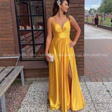 Простое горчично-желтое вечернее платье на бретельках с Высоким Разрезом из эластичного атласа, Длинные вечерние платья на заказ 2024 - купить недорого