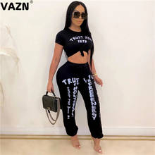 Conjunto feminino de calça longa e gola redonda vazn, conjunto de duas peças com calça e gola redonda, moda verão 2020 2024 - compre barato