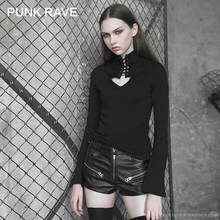 PUNK RAVE Women's Gothic Heart Hollowing Out Tie-up Rope Eyelet Tight Black Tops Tees Sexy Personality Flare Sleeve T-shirt 2024 - buy cheap