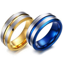 Anel masculino de 8mm, anel da moda com ranhura azul e listras douradas, acessórios de casamento, joia com amor para presente 2024 - compre barato