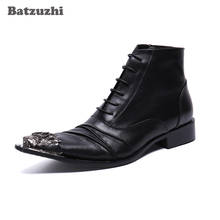 Batzuzhi botas masculinas de couro genuíno, botas pretas de couro genuíno tipo britânico, sapatos ponteiros com cadarço e ponteira de ferro para negócios! 2024 - compre barato