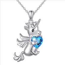 Pegasus Unicorn Animal Pendant Necklace Blue Heart Crystal Wing Horse Statement Necklaces Women Girl Boho Jewelry 2024 - buy cheap
