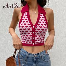 Artsu Heart Print Sleeveless Halter Knit Crop Tops Sexy Backless Tanks Camis Women Vest Summer Knitwear Streetwear ASVE82754 2024 - buy cheap