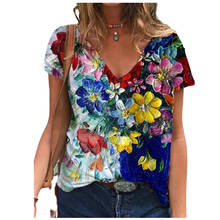 Camiseta con estampado de pintura al óleo para mujer, ropa con cuello en V de manga corta, jersey de calle, camisetas de flores 2021 2024 - compra barato