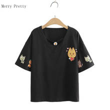 Black Cartoon Cat Appliques Korean Style T Shirt For Women Cotton Tops 2020 Summer V-neck Harakuju Cute Sweety Ladies Tee Shirts 2024 - buy cheap