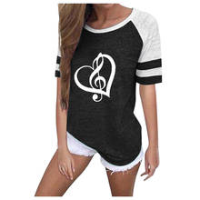 Feitong, женская блузка, плюс размер, с принтом Love Music Note, в полоску, прошитая, круглый вырез, короткий рукав, Повседневная блузка, топы, блузка женска 2024 - купить недорого