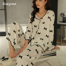 Daeyard Stain Pajamas Woman Elegant Print Long Sleeve 2 Pieces Set Spring Summer Sleepwear Faux Silk Lapel Casual Home Clothes 2024 - buy cheap