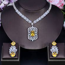 ANGELCZ-Conjunto de collar y pendientes de circonia cúbica, joyería de boda grande, aretes largos, accesorios nupciales, amarillo brillante, J196 2024 - compra barato