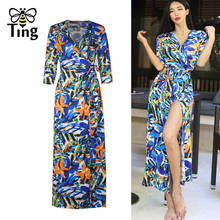 Tingfly Designer Van Gogh Print Style V neck Maxi Dress Sexy High Split Party Dresses Long Lady Floral Casual Female Vestidos 2024 - buy cheap