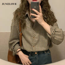 JuneLove Plaid Shirts Women Elegant Basic Classic Turn Down Collar Retro Loose Office Lady Korean Long Sleeve Blouse Femme Tops 2024 - buy cheap