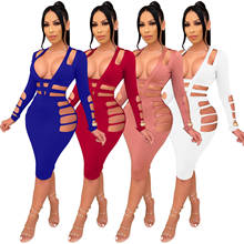 Echoine Woman Solid Color Hollow Out Bodycon Dress Long Sleeve V Neck High Waist Night Club Party Outfits Plus Size S-XXL 2024 - buy cheap