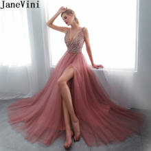 JaneVini Sexy High Split Prom Dresses Girls Gala Formal Dress Long Beading Sequined Dusty Pink Tulle A Line Evening Gowns 2020 2024 - buy cheap