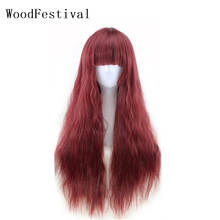 WoodFestival-Peluca de cabello sintético con flequillo para mujer, pelo Natural rizado largo, color borgoña, negro, marrón oscuro, maíz esponjoso 2024 - compra barato