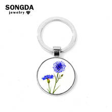 Blue Carnation Keychain Flower Cornflower Photo Glass Cabochon Car Bag Key Ring Holder Charms for Women Gift Fashion Accessories 2024 - buy cheap