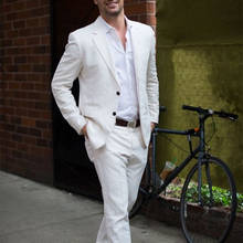Последний дизайн пальто брюки белый льняной повседневный мужской костюм летний пляжный смокинг простой изготовленный на заказ 2 предмета (пиджак + брюки + жилет + галстук) 2024 - купить недорого