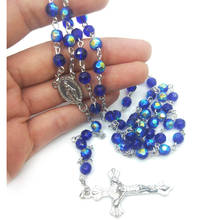 Colar de contas de cristal azul escuro namorado presente a cruz de maria cristo jesus dom católico do rosário colar ornamentos 2024 - compre barato