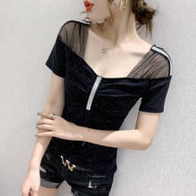 #5954 Black Red Mesh T Shirt Women Short Sleeve See Through Tops Sexy Square Collar Short T-shirt Female V Neck Diamonds Summer 2024 - buy cheap