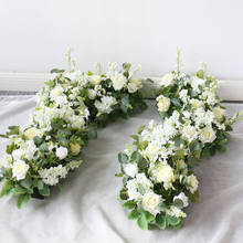 2 pçs 50cm linhas de flores artificiais de luxo criativas decoração de mesa para plano de fundo festa de casamento folhas verdes e brancas parede 2024 - compre barato
