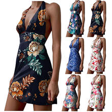 2021 V Neck Dress Bodycon Women's Dress Halter Neck Vintage Print Backless Bandage Summer Beach Sleeveless Sexy Mini Dresses Y2K 2024 - buy cheap