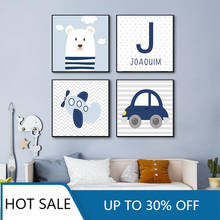 Cartoon Blue Car Airplane Bear Personalized Kids Name Custom Wall Art Canvas Painting Posters Nursery Prints Boys Room Decor 2024 - buy cheap