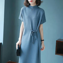 Vestido de malha feminino, vestido casual de malha com cintura alta e mangas curtas, gola redonda, estilo coreano 2024 - compre barato