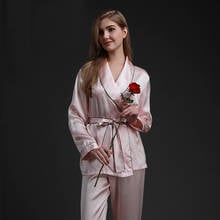 Silk pajamas suit fashion pajamas for women female summer two-piece   home service  long sleeve Korean silk pajamas autumn pink 2024 - buy cheap