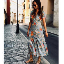 BOHO INSPIRED Sky blue FLORAL PRINT long boho DRESS V-neck buttons pleated chiffon summer dress casual chic dress for women new 2024 - buy cheap