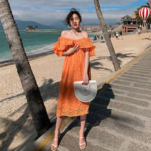 Новое поступление, модное корейское летнее платье-миди, женское темпераментное повседневное пикантное свободное платье с открытыми плечами и оборками, праздничное пляжное платье 2024 - купить недорого