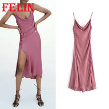 Za-vestido plisado de seda para mujer, Sexy, sin mangas, abertura frontal, Espalda descubierta, elegante, camisola 2024 - compra barato