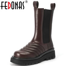 Fedonas-botas femininas cano médio, sapatos de couro legítimo com elástico, plataforma arredondada, salto largo, básico, 2021 2024 - compre barato