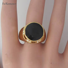 FoRomance / YELLOW GOLD OVERLAY FILLED WITH BRASS GP ROUND FACE BLACK ENAMEL SHINNING CZ STONE DECORATED  SIZE 7 8 10 11 2024 - buy cheap