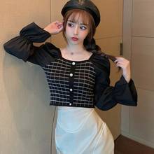 Women Square Collar Plaid T Shirts Slim Casual Patchwork Knitted Tops Puff Long Sleeved Female T-shirt 2024 - buy cheap