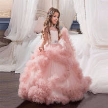 Rosa flor menina vestidos para casamentos vestido de baile boné mangas tule babados frisado longo primeira comunhão vestidos menina 2024 - compre barato