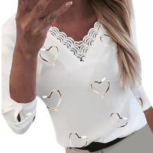 Lace Elegant Blouses Shirt Office Women Hearts Print Shirt Blouses V-neck Lace Patchwork Long Sleeve Shirts Top Blouses Clothing 2024 - buy cheap