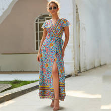 Women Summer Lace Up Wrap Holiday Boho Beach Maxi Dress Floral Print Vacation Split Elegant Party Long Robes Dresses Vestidos 2024 - buy cheap