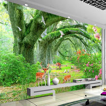 Papel de parede com pintura personalizada em 3d, mural de decoração moderna para sala de estar, quarto, floresta, árvore verde, cervo 2024 - compre barato