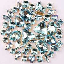 Gold claw settings 50pcs/bag shapes mix Aquamarine rainbow glass crystal sew on rhinestone garments shoes bags diy trim 2024 - buy cheap